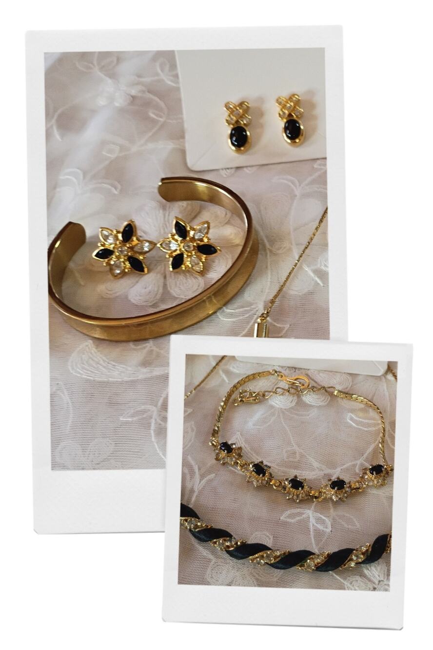 Mostly Vintage Black & Gold Tone Jewelry Lot – 7 Pieces